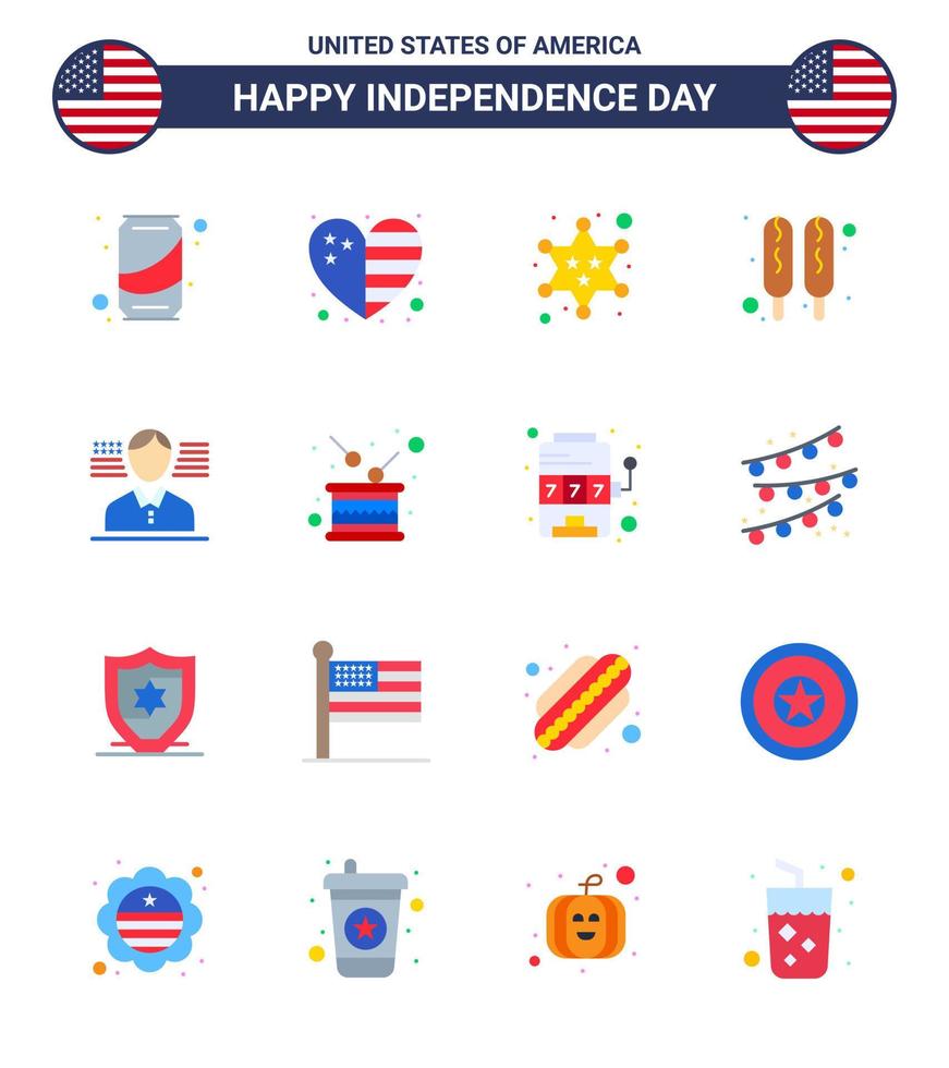 Pack of 16 creative USA Independence Day related Flats of flag man badge food corn dog Editable USA Day Vector Design Elements