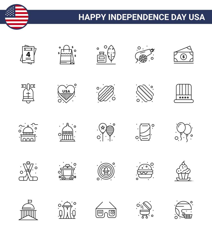 Set of 25 Modern Lines pack on USA Independence Day amearican dollar feather weapon canon Editable USA Day Vector Design Elements