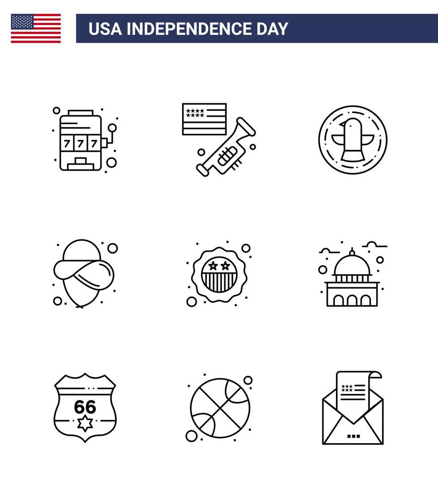 Happy Independence Day USA Pack of 9 Creative Lines of badge american american hat usa Editable USA Day Vector Design Elements