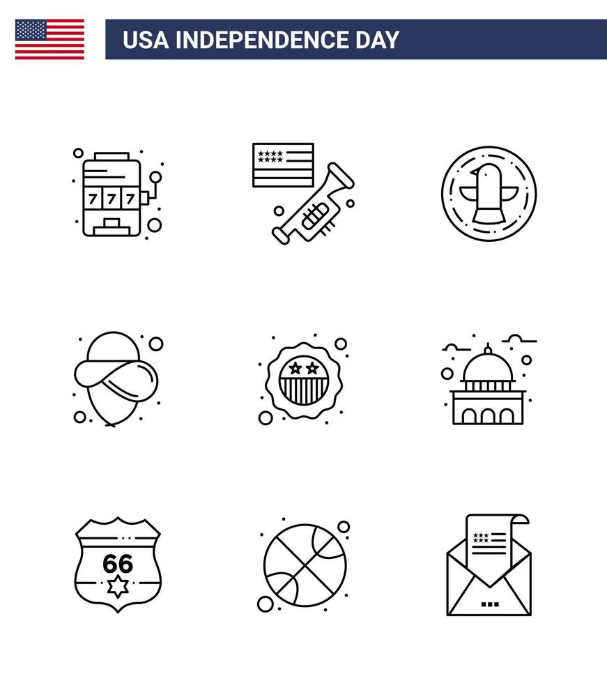 feliz día de la independencia usa paquete de 9 líneas creativas de insignia american american hat usa editable usa day elementos de diseño vectorial vector