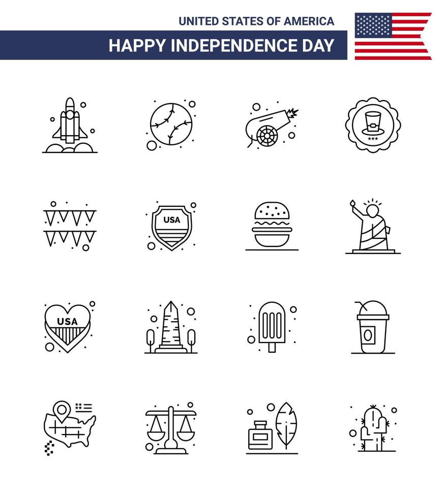 Modern Set of 16 Lines and symbols on USA Independence Day such as festival sign united drink weapon Editable USA Day Vector Design Elements