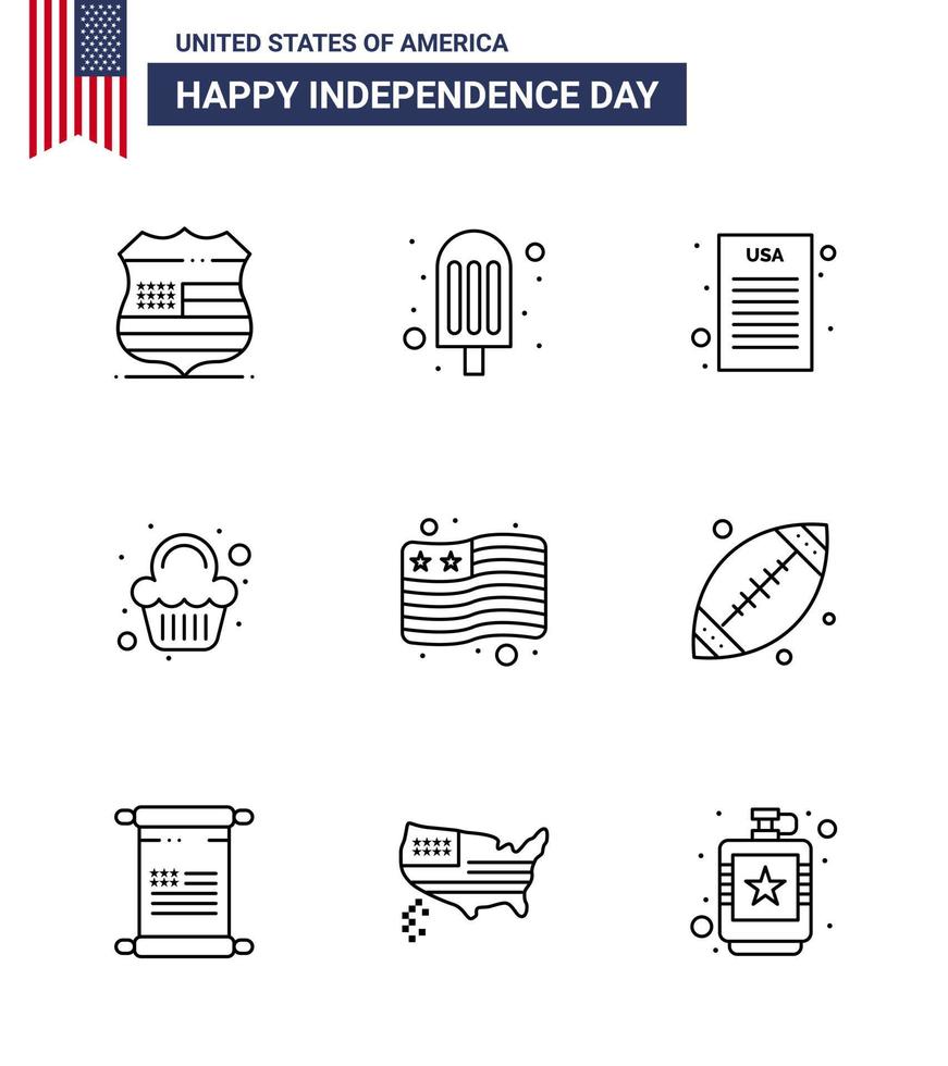 9 señales de línea para el día de la independencia de EE. UU. Declaración de la bandera de la bola del país de la independencia Elementos de diseño vectorial del día de EE. UU. vector
