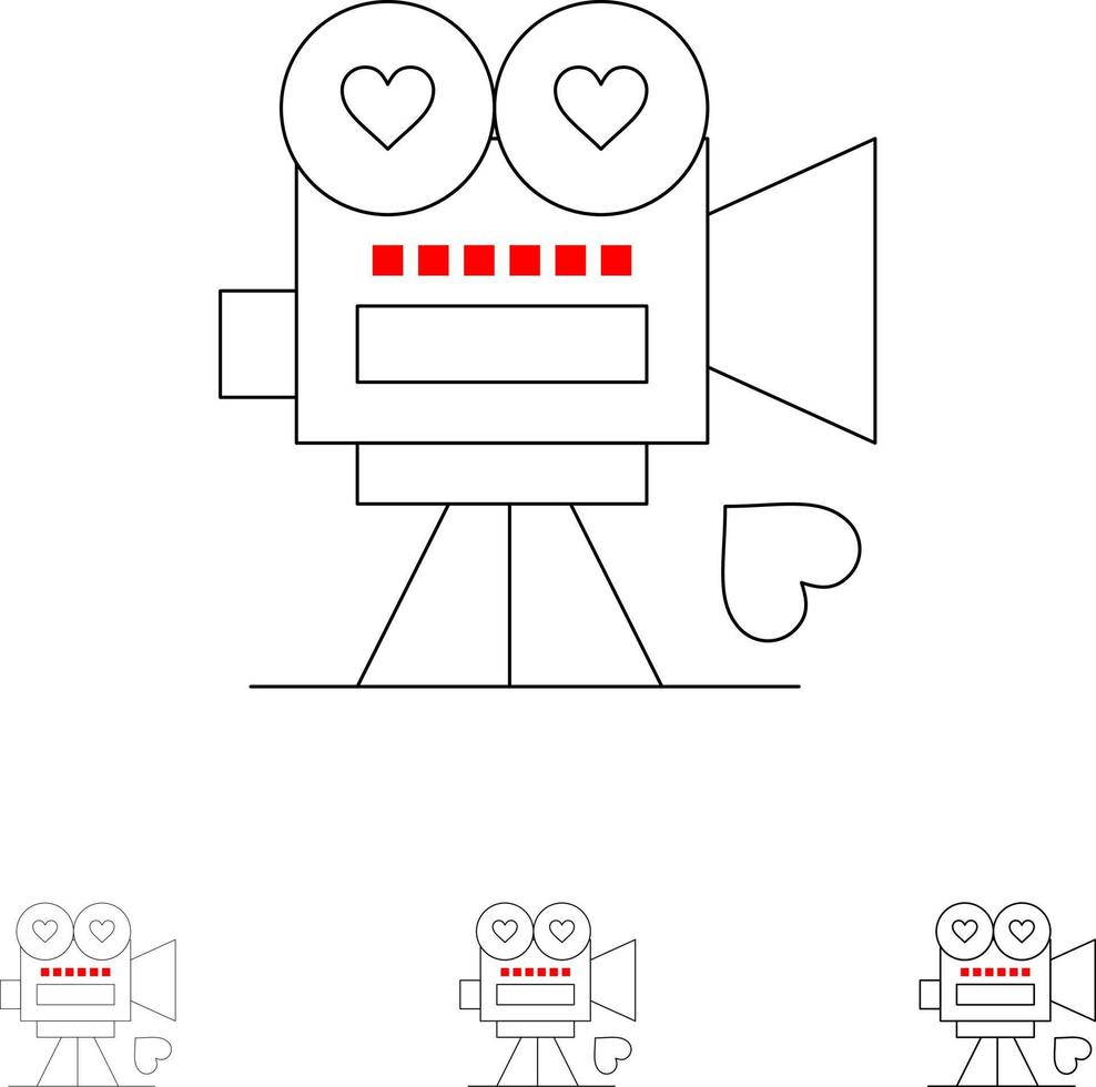 Camera Movie Video Camera Love Valentine Bold and thin black line icon set vector
