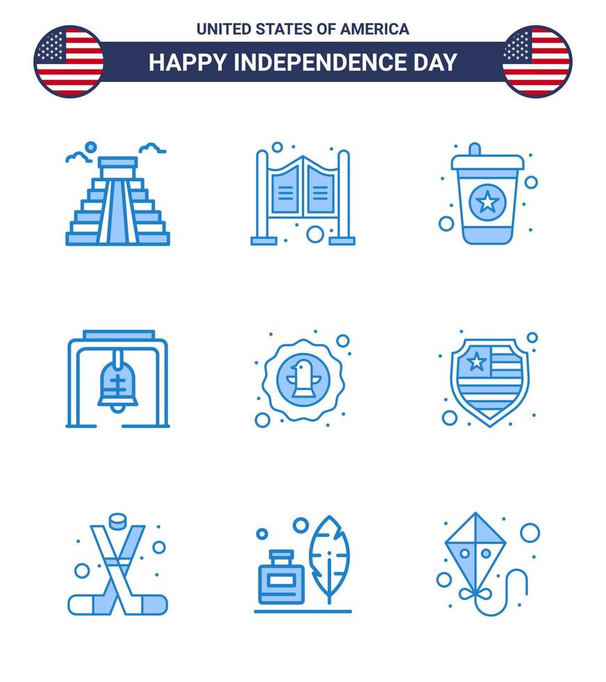 Modern Set of 9 Blues and symbols on USA Independence Day such as celebration american beverage church bell bell Editable USA Day Vector Design Elements