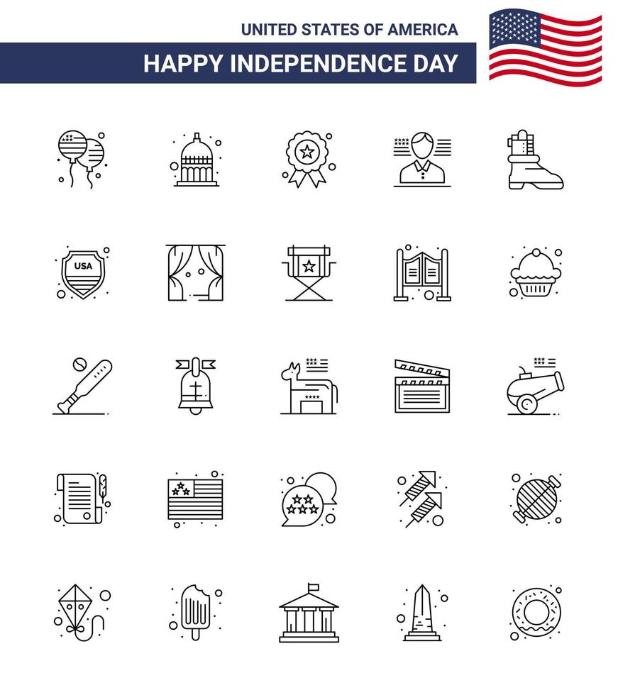 Happy Independence Day Pack of 25 Lines Signs and Symbols for american shose holiday flag man Editable USA Day Vector Design Elements