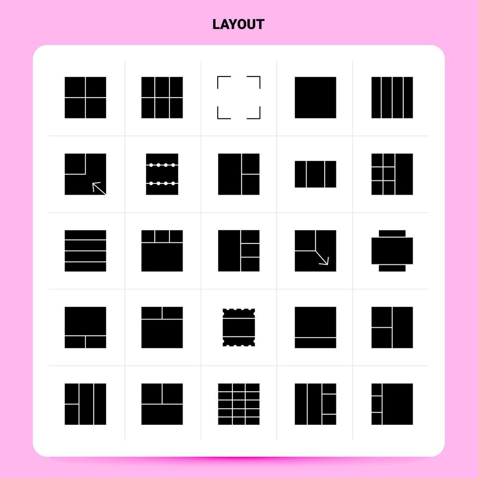 Solid 25 Layout Icon set Vector Glyph Style Design Black Icons Set Web and Mobile Business ideas design Vector Illustration