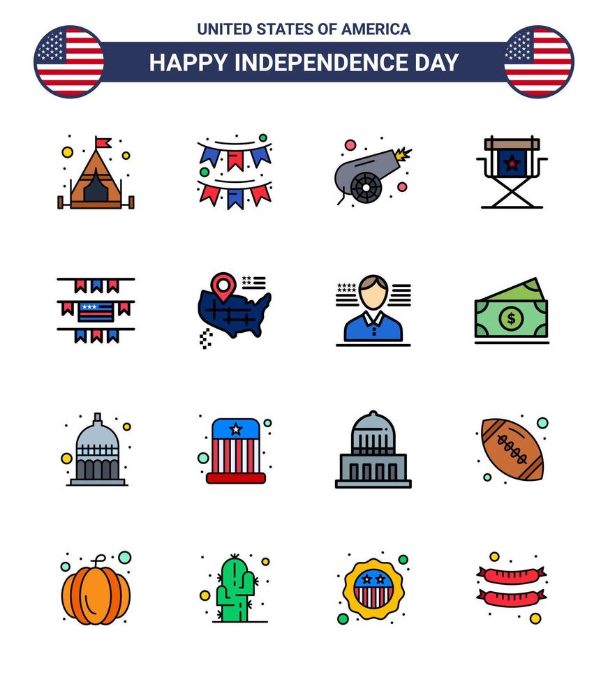 Set of 16 Vector Flat Filled Lines on 4th July USA Independence Day such as buntings star army movies chair Editable USA Day Vector Design Elements