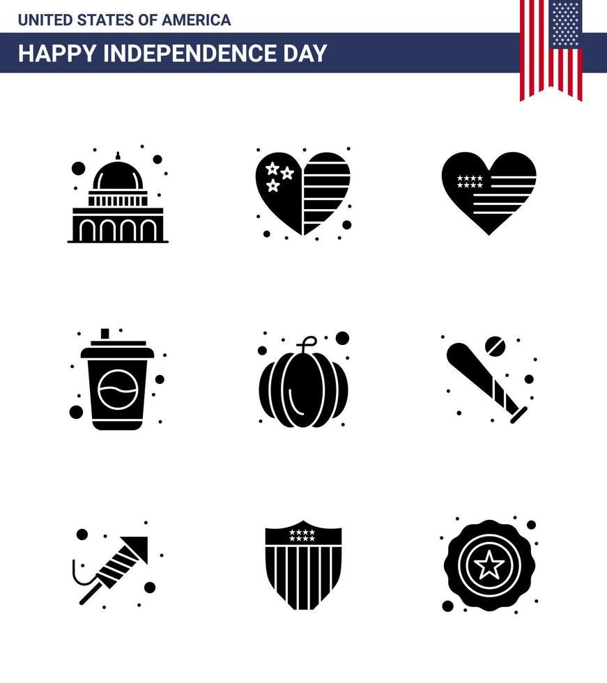 9 Creative USA Icons Modern Independence Signs and 4th July Symbols of pumpkin soda heart drink bottle Editable USA Day Vector Design Elements