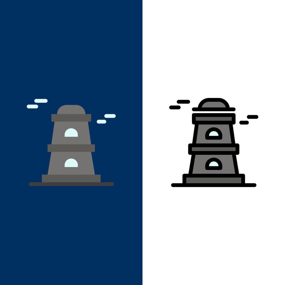 torre de observación torre de vigilancia iconos planos y rellenos de línea conjunto de iconos vector fondo azul