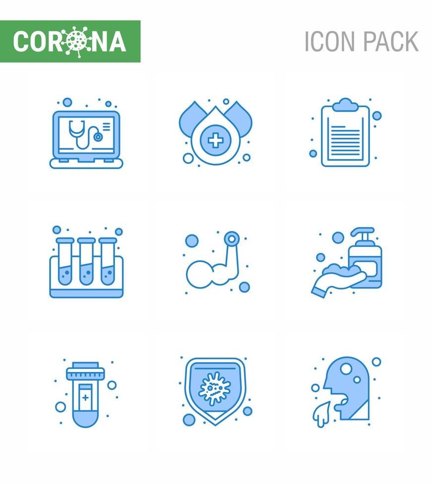 Simple Set of Covid19 Protection Blue 25 icon pack icon included corona muscle document hand test tubes viral coronavirus 2019nov disease Vector Design Elements