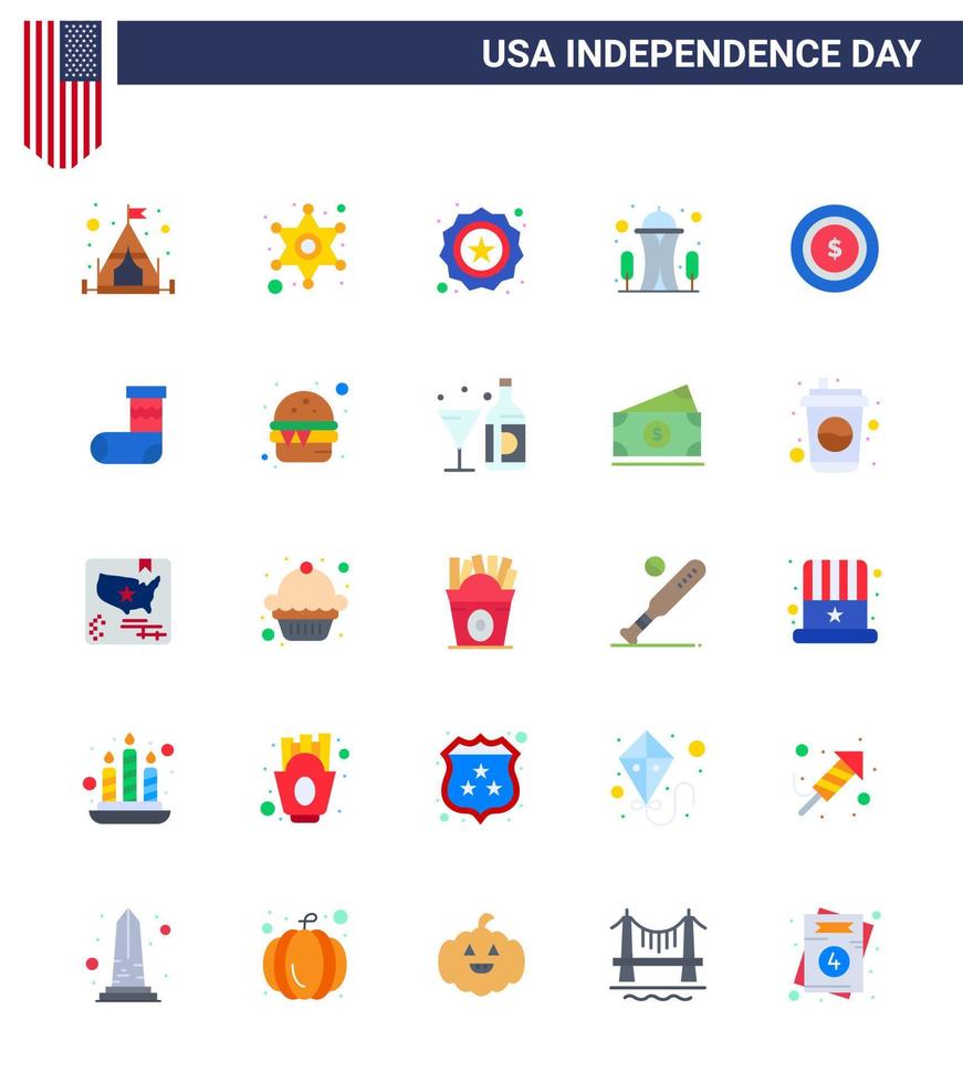 Happy Independence Day Pack of 25 Flats Signs and Symbols for maony american security space landmark Editable USA Day Vector Design Elements
