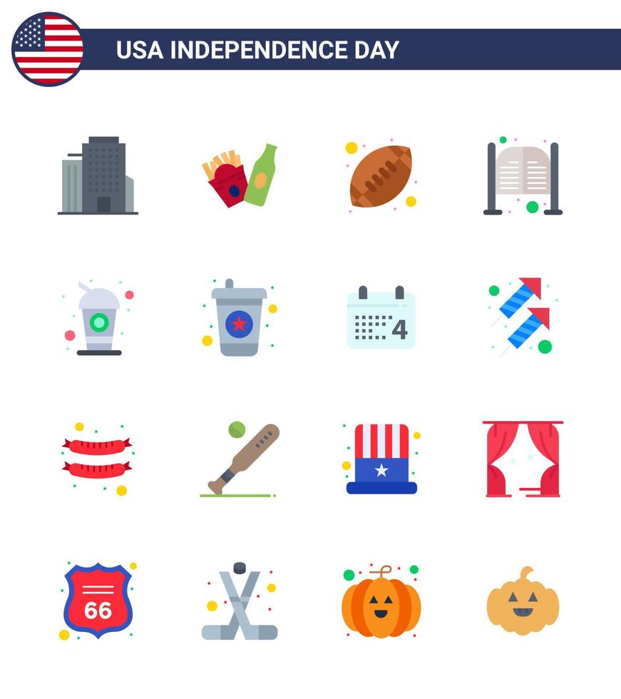 Big Pack of 16 USA Happy Independence Day USA Vector Flats and Editable Symbols of drink bottle sports entrance saloon Editable USA Day Vector Design Elements