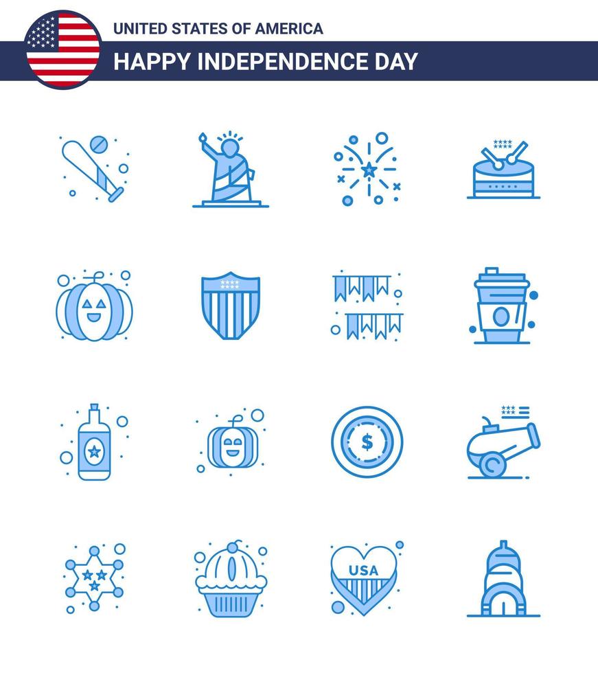 Group of 16 Blues Set for Independence day of United States of America such as parade instrument statue drum american Editable USA Day Vector Design Elements