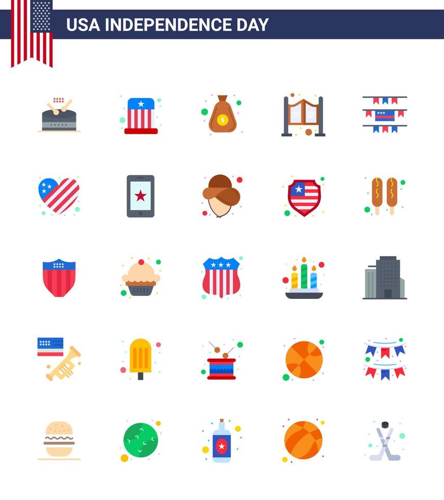 Modern Set of 25 Flats and symbols on USA Independence Day such as party decoration western dollar saloon door Editable USA Day Vector Design Elements