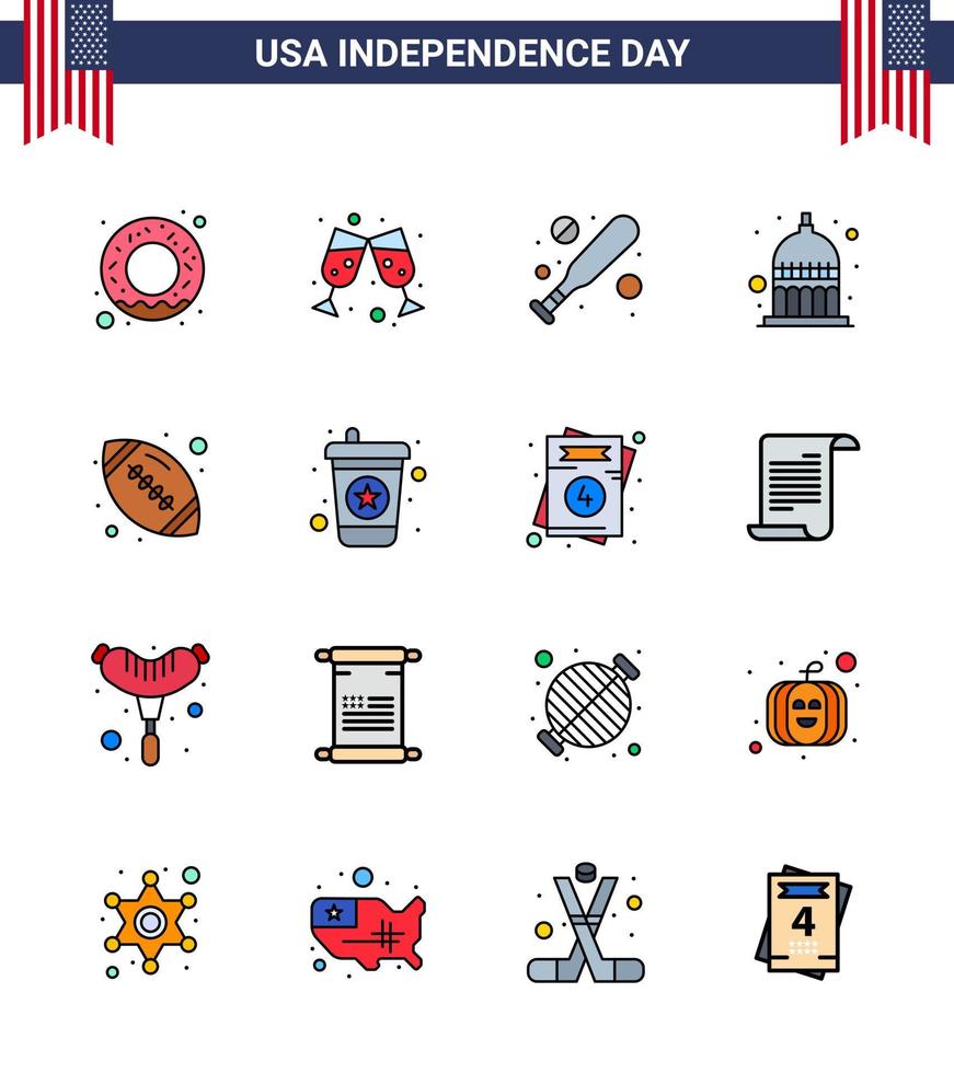 Paquete de 16 líneas planas llenas de estados unidos de signos y símbolos del día de la independencia de bebidas deportivas hardball rugby estados unidos elementos de diseño vectorial editables del día de estados unidos vector