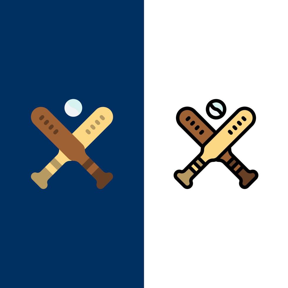 bola bate de béisbol bates iconos planos y llenos de línea conjunto de iconos vector fondo azul