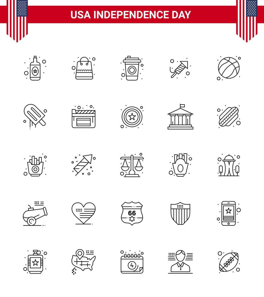 Set of 25 USA Day Icons American Symbols Independence Day Signs for usa ball cola american festival Editable USA Day Vector Design Elements