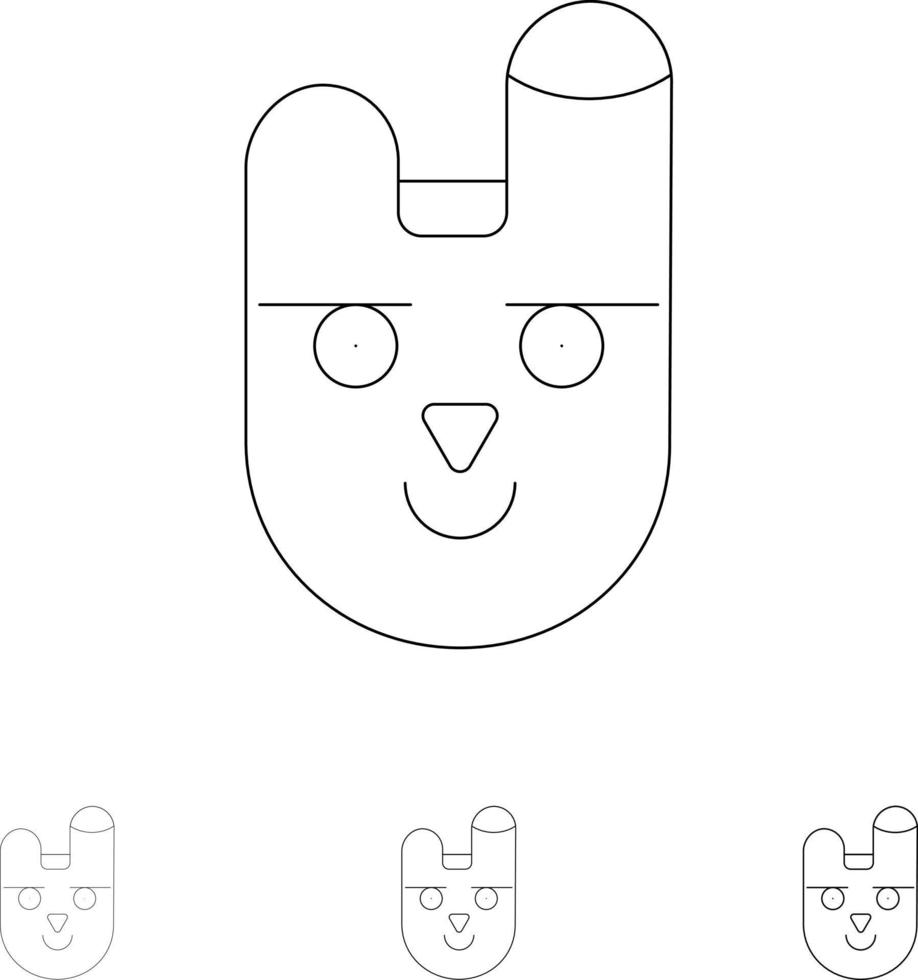 animal conejito cara conejo audaz y delgada línea negra conjunto de iconos vector