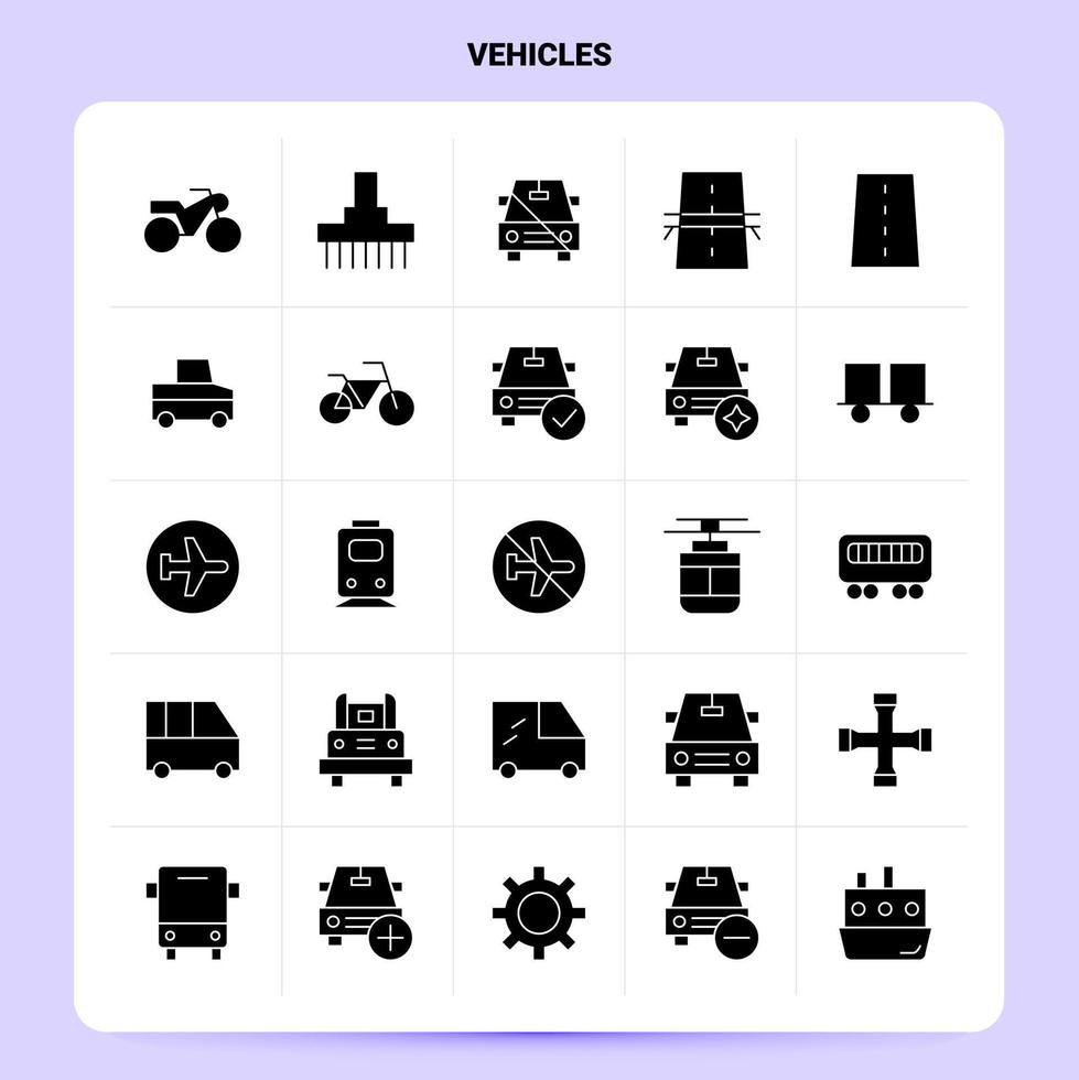 conjunto de iconos de 25 vehículos sólidos diseño de estilo de glifo vectorial conjunto de iconos negros diseño de ideas de negocios web y móvil ilustración vectorial vector