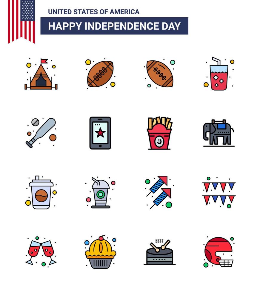 feliz día de la independencia usa paquete de 16 líneas planas creativas llenas de irlanda teléfono bebida móvil bat editable usa día elementos de diseño vectorial vector