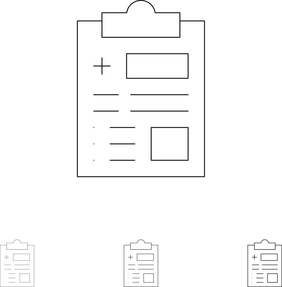 informe registro salud asistencia sanitaria negrita y delgada línea negra conjunto de iconos vector