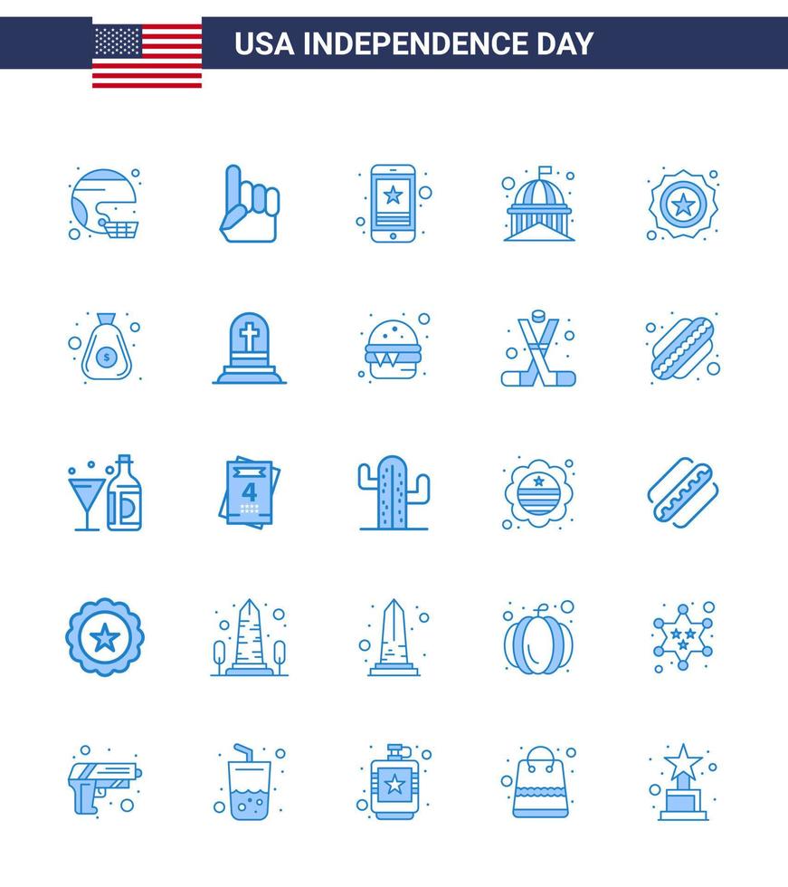 Set of 25 Vector Blues on 4th July USA Independence Day such as landmark building usa phone smart phone Editable USA Day Vector Design Elements