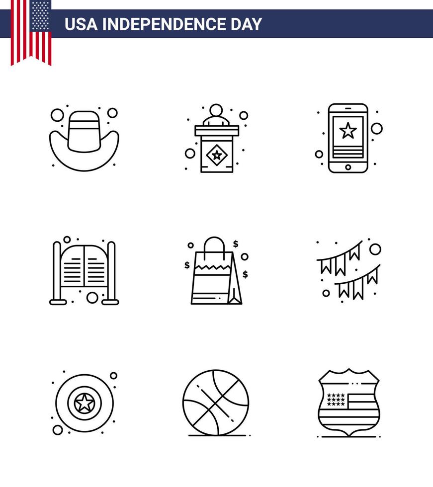 Happy Independence Day Pack of 9 Lines Signs and Symbols for bag day star saloon bar Editable USA Day Vector Design Elements