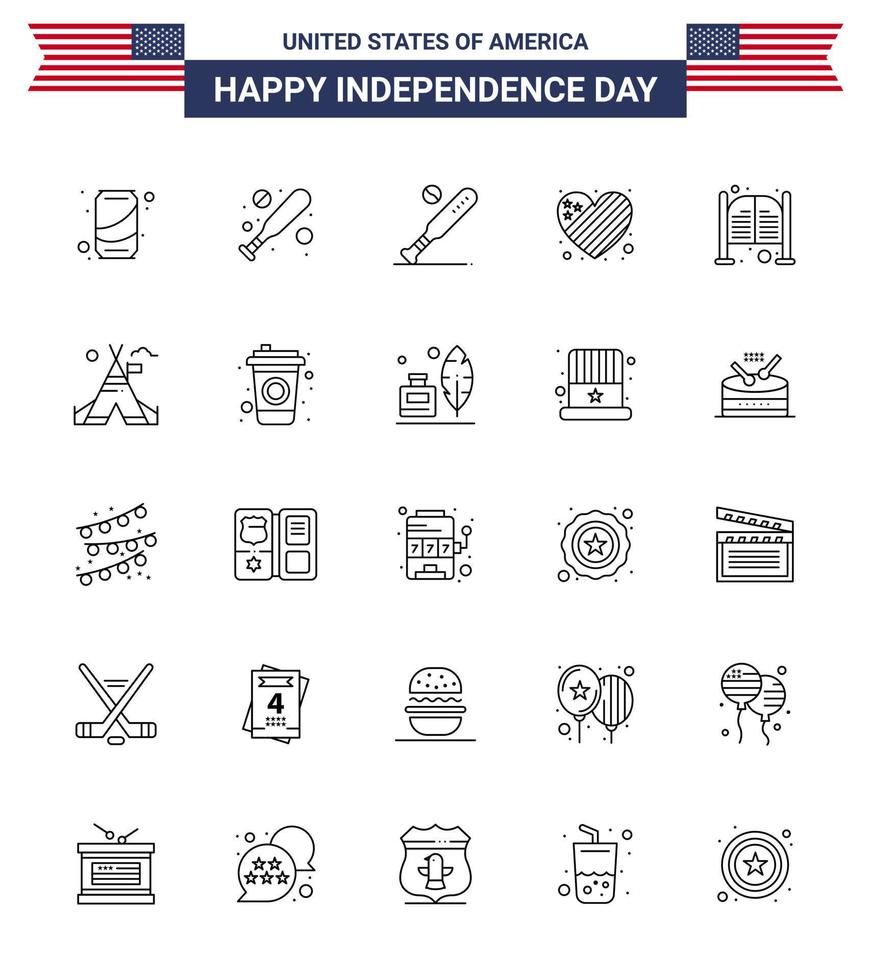 Modern Set of 25 Lines and symbols on USA Independence Day such as doors love baseball heart american Editable USA Day Vector Design Elements