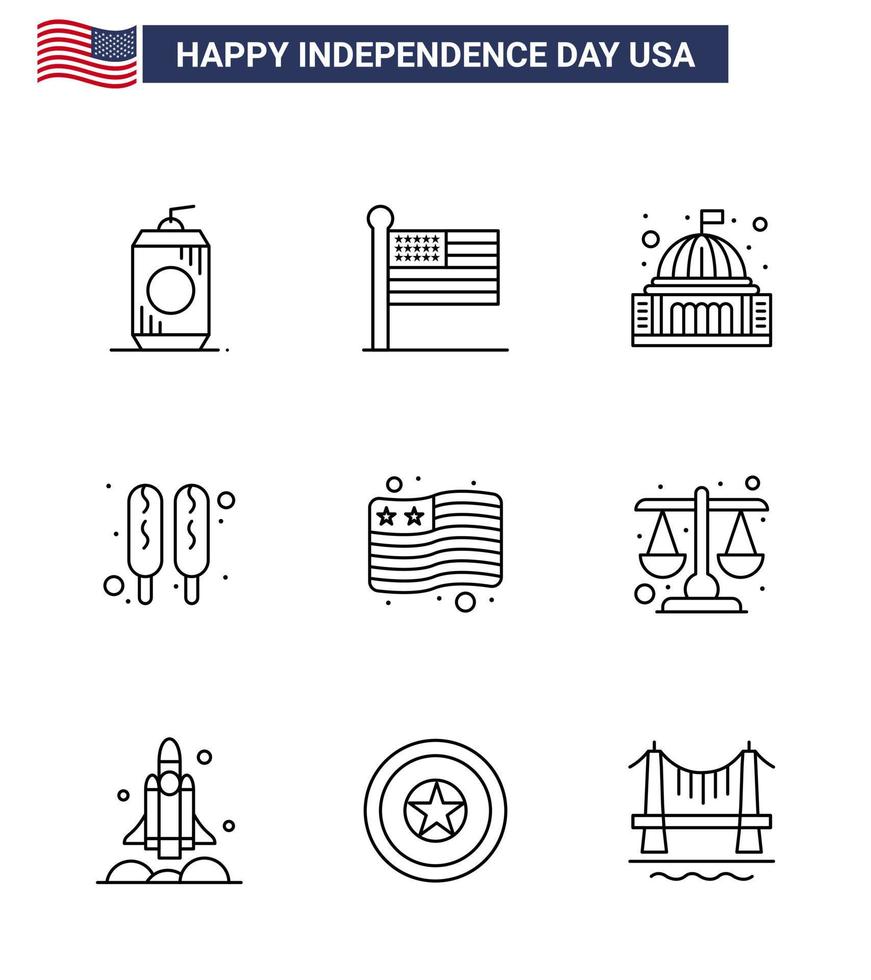 Group of 9 Lines Set for Independence day of United States of America such as flag food place hot dog white Editable USA Day Vector Design Elements