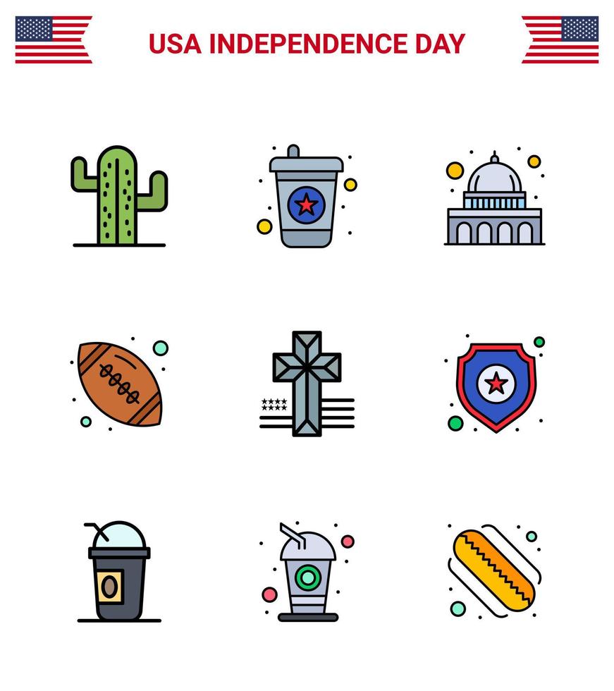 9 USA Flat Filled Line Pack of Independence Day Signs and Symbols of church american madison american ball rugby Editable USA Day Vector Design Elements