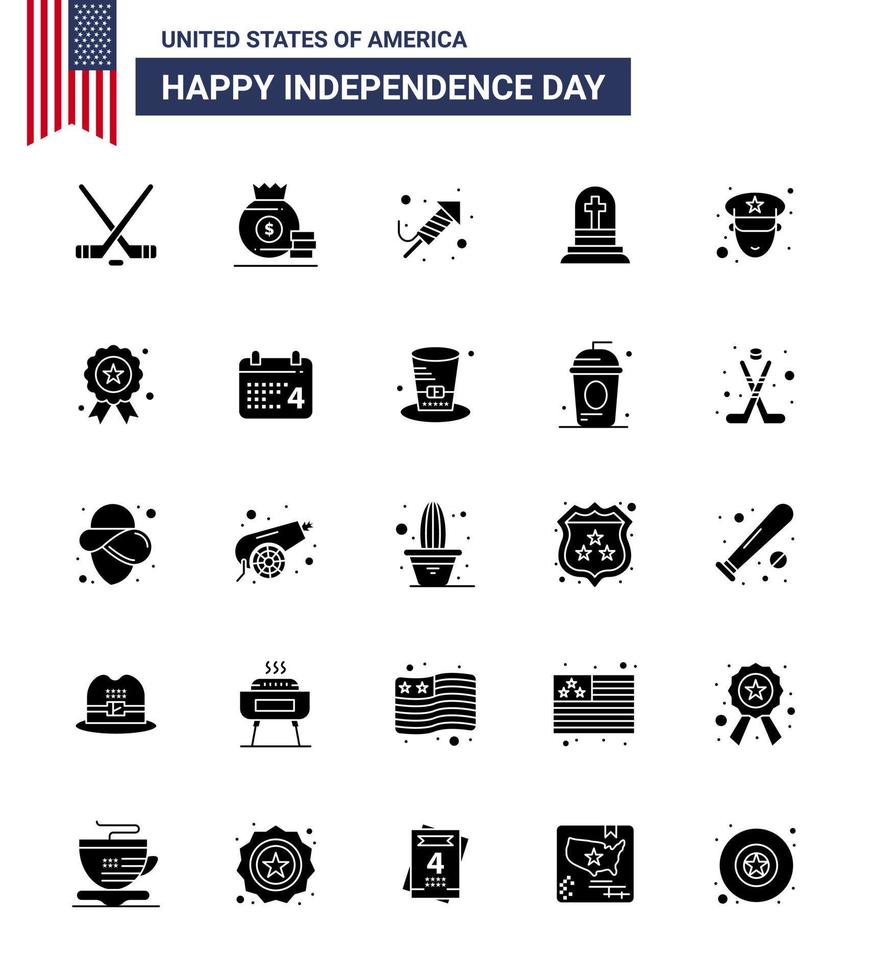 Happy Independence Day Pack of 25 Solid Glyph Signs and Symbols for officer rip fire work gravestone death Editable USA Day Vector Design Elements