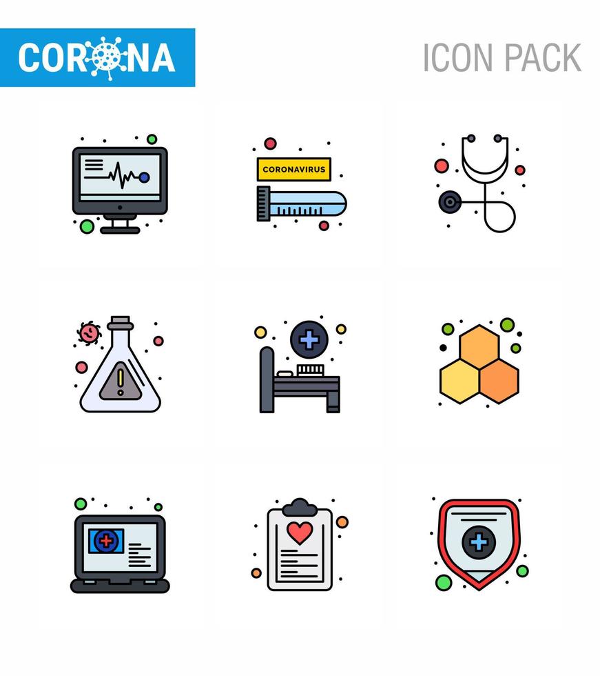 Corona virus 2019 and 2020 epidemic 9 Filled Line Flat Color icon pack such as experiment medical room healthcare hospital bed research viral coronavirus 2019nov disease Vector Design Elements