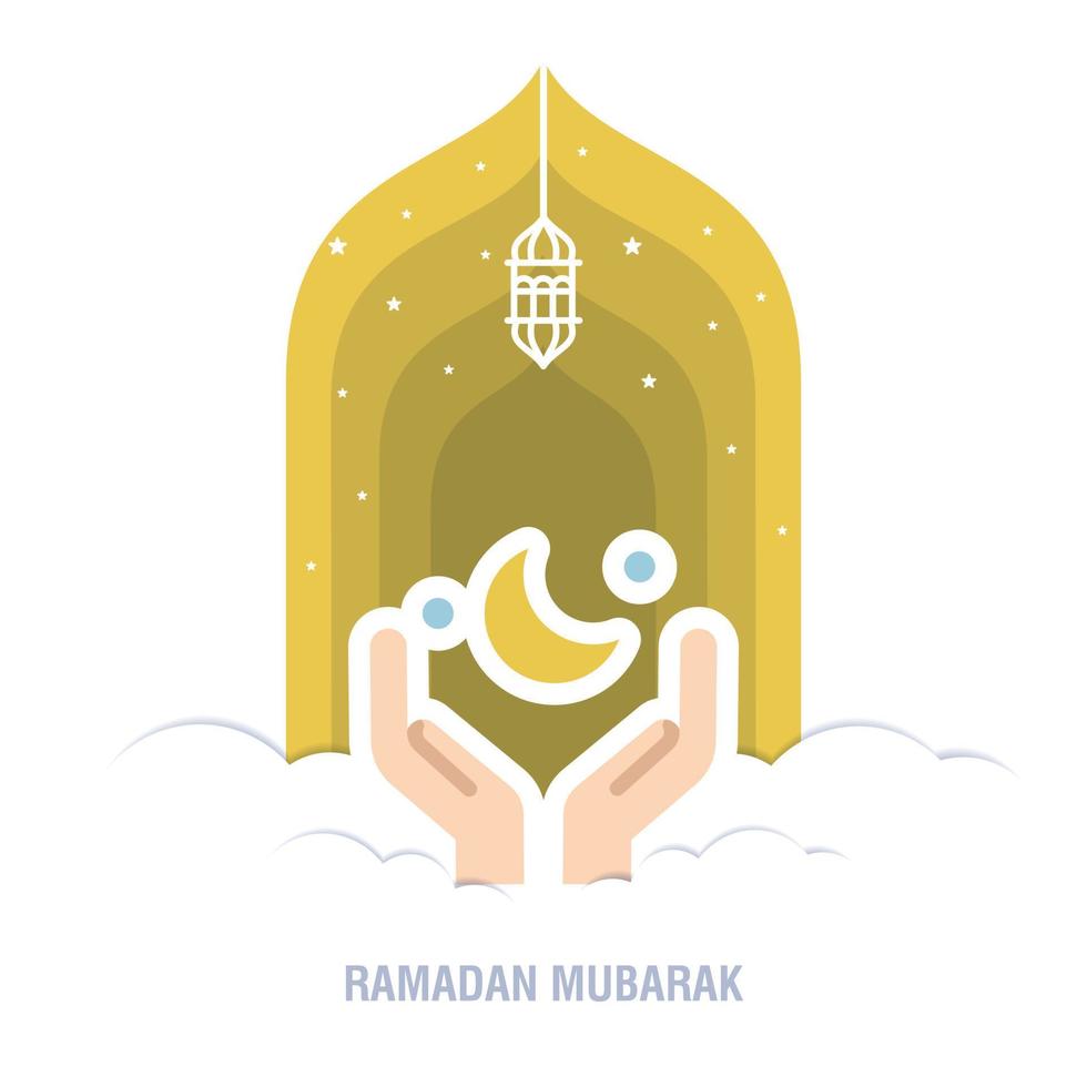 Ramadan Kareem islamic design crescent moon and mosque dome silhouette with arabic pattern and calligraphy vector