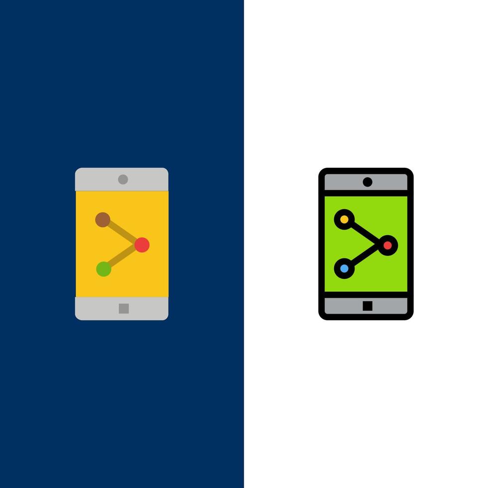 aplicación compartir móvil aplicación móvil iconos planos y llenos de línea conjunto de iconos vector fondo azul