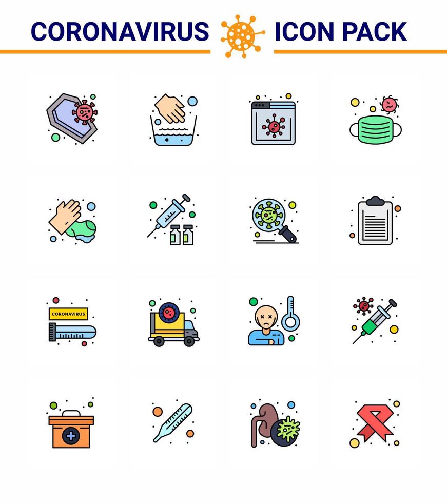 16 Flat Color Filled Line viral Virus corona icon pack such as hands safety water bowl medical face viral coronavirus 2019nov disease Vector Design Elements