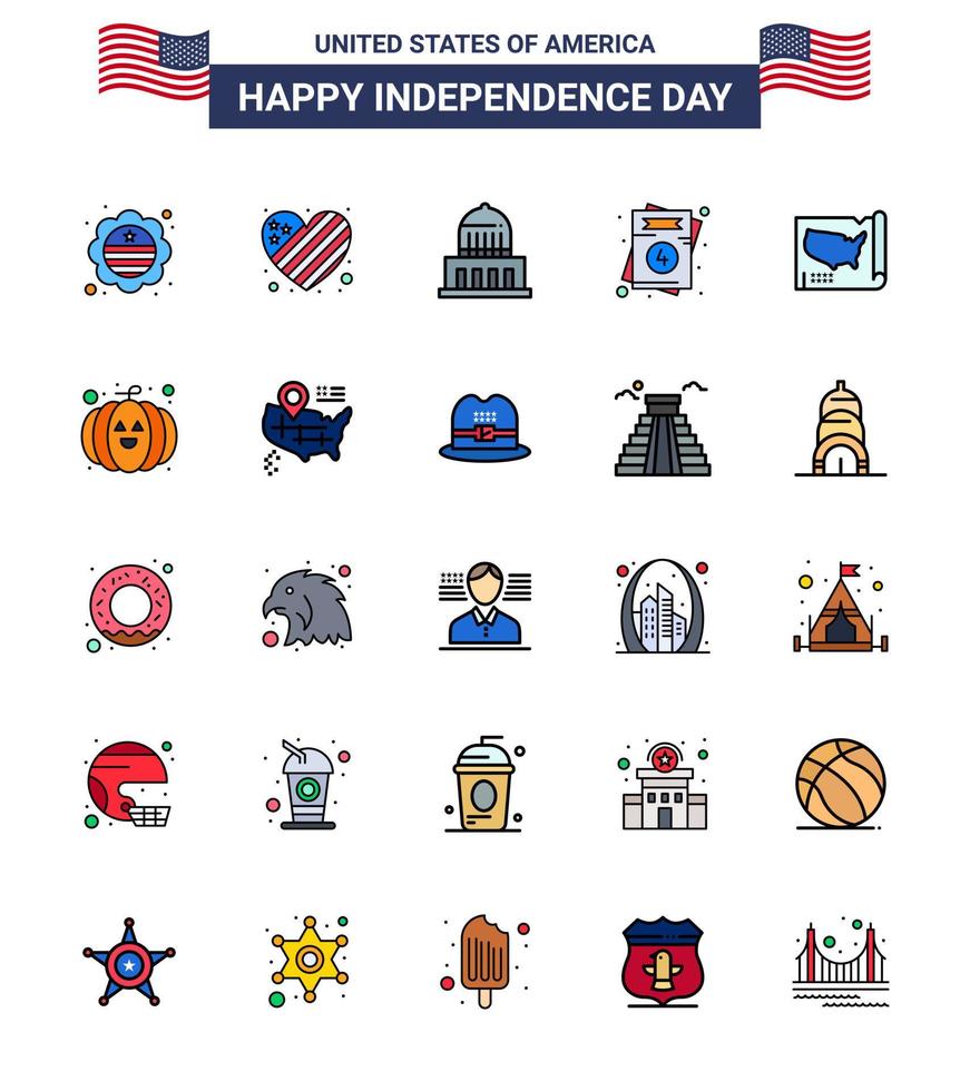 USA Independence Day Flat Filled Line Set of 25 USA Pictograms of states wedding building usa invitation Editable USA Day Vector Design Elements