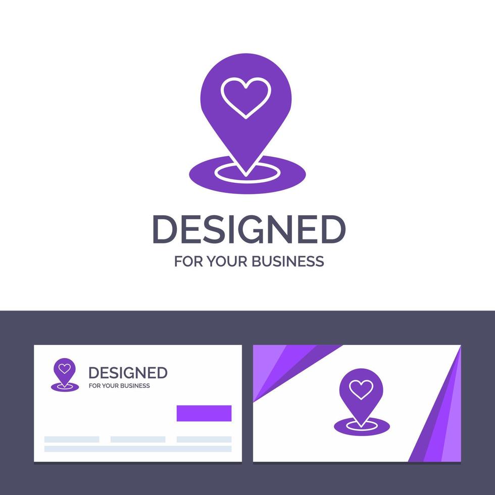 tarjeta de visita creativa y plantilla de logotipo ubicación mapa buscador de ubicación pin corazón vector ilustración