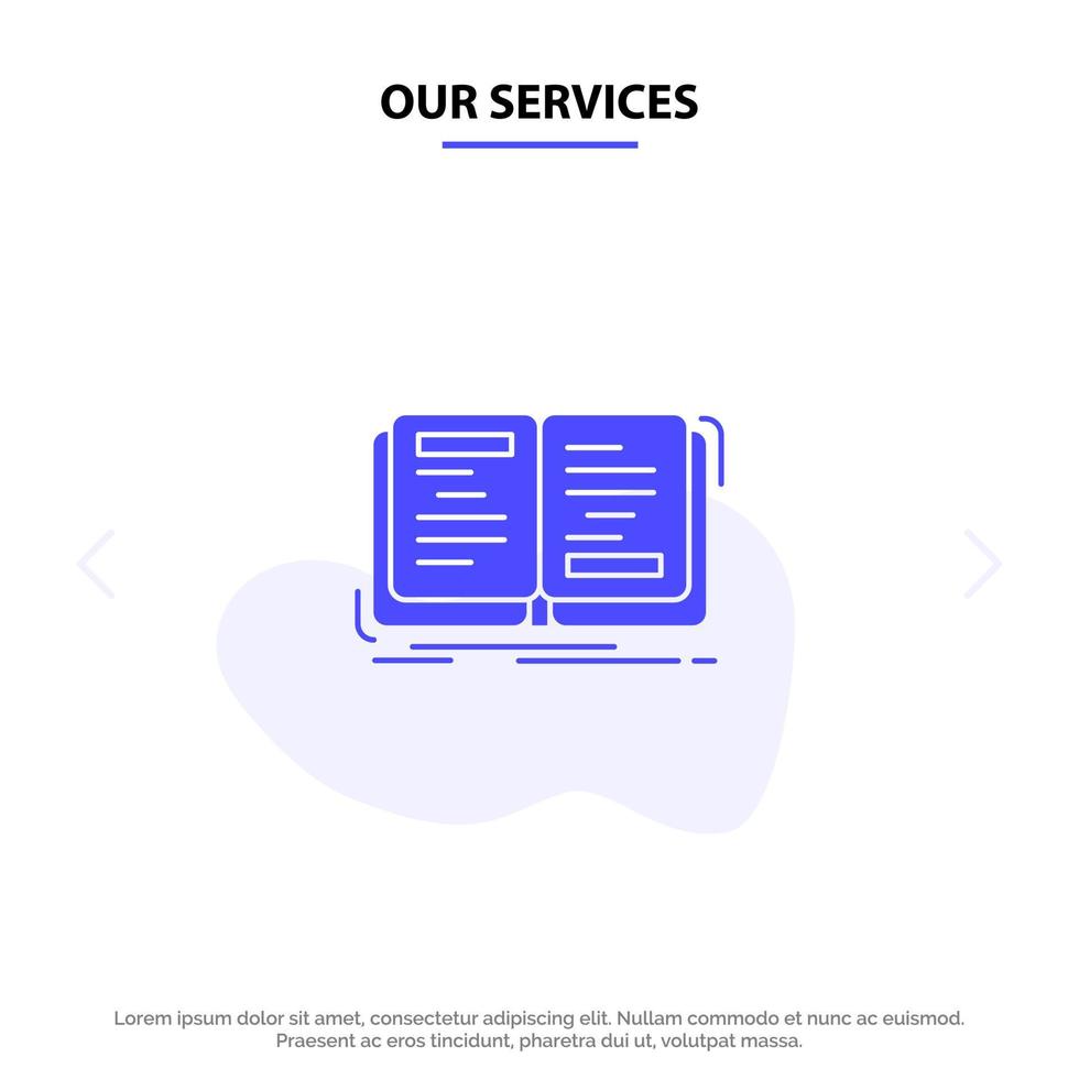 Our Services Book Novel Story Writing Theory Solid Glyph Icon Web card Template vector