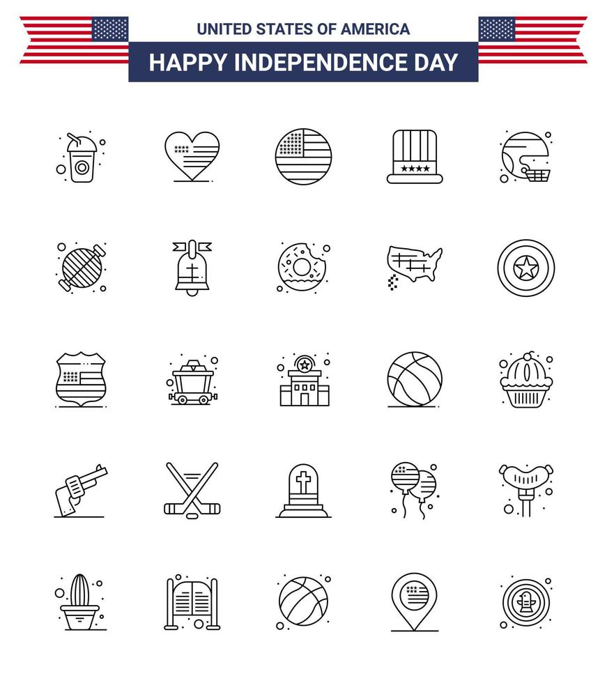 Stock Vector Icon Pack of American Day 25 Line Signs and Symbols for football usa american american hat Editable USA Day Vector Design Elements