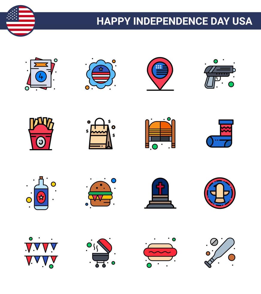 Big Pack of 16 USA Happy Independence Day USA Vector Flat Filled Lines and Editable Symbols of fastfood weapon american army gun Editable USA Day Vector Design Elements