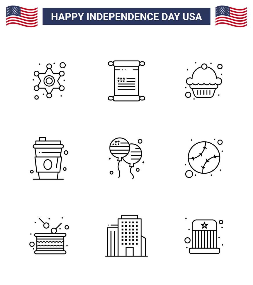 paquete de 9 líneas de celebración del día de la independencia de EE. UU. Signos y símbolos del 4 de julio, como el pastel de bloon volador, bebida de EE. UU. Elementos de diseño vectorial editables del día de EE. UU. vector