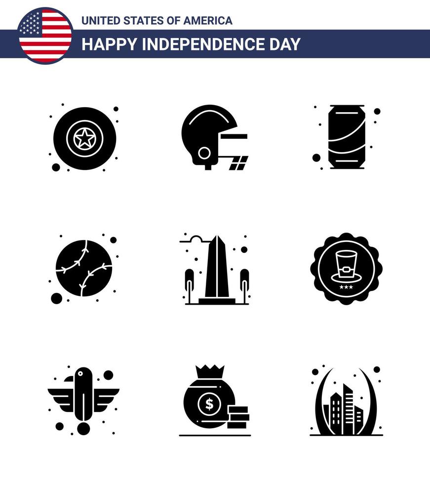 9 paquete de glifos sólidos de estados unidos de signos y símbolos del día de la independencia de estados unidos monumento soda estados emblemáticos elementos de diseño de vector de día de estados unidos editables