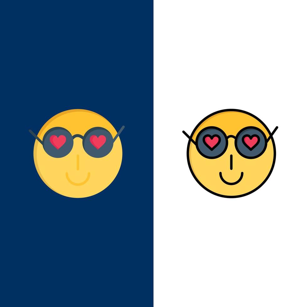 los emojis sonrientes aman los lindos iconos de usuario planos y llenos de línea conjunto de iconos vector fondo azul