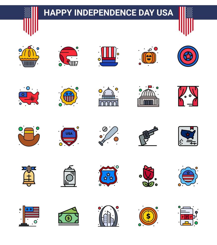 USA Independence Day Flat Filled Line Set of 25 USA Pictograms of holiday pumpkin state american presidents Editable USA Day Vector Design Elements