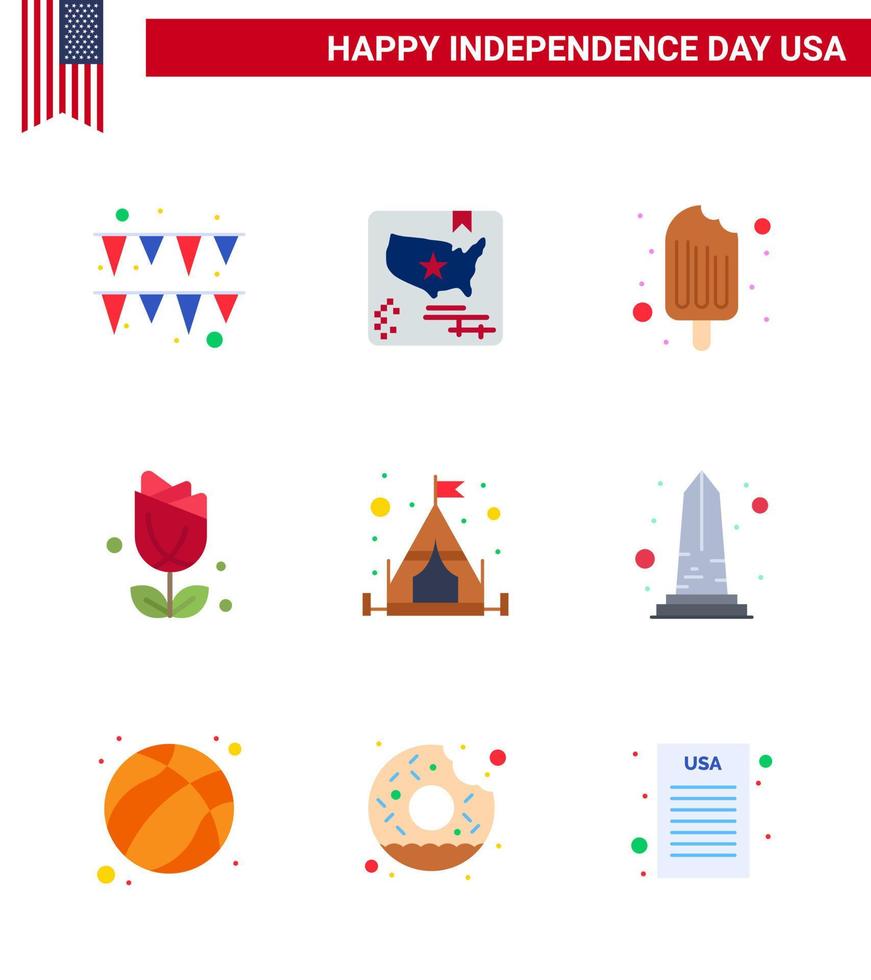 Editable Vector Line Pack of USA Day 9 Simple Flats of tent camp cream plent imerican Editable USA Day Vector Design Elements