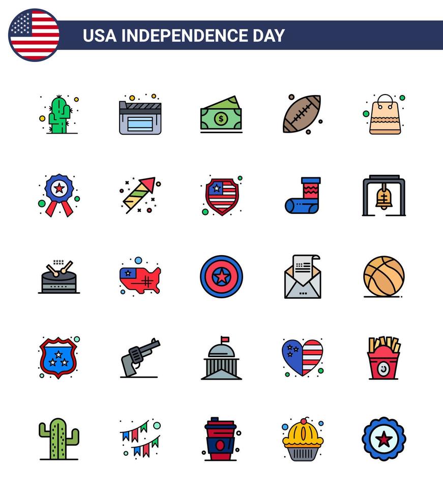 Stock Vector Icon Pack of American Day 25 Flat Filled Line Signs and Symbols for packages bag money usa footbal Editable USA Day Vector Design Elements