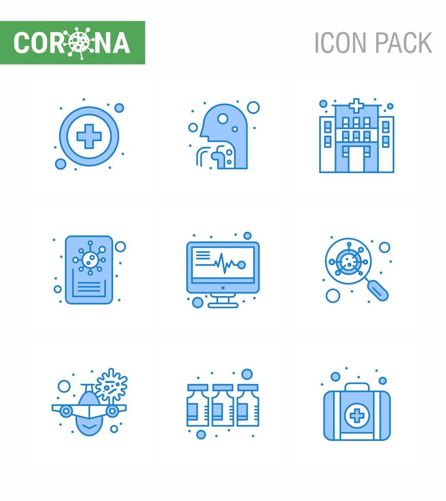 Covid19 Protection CoronaVirus Pendamic 9 Blue icon set such as devirus medical monitor building medical electronics report viral coronavirus 2019nov disease Vector Design Elements