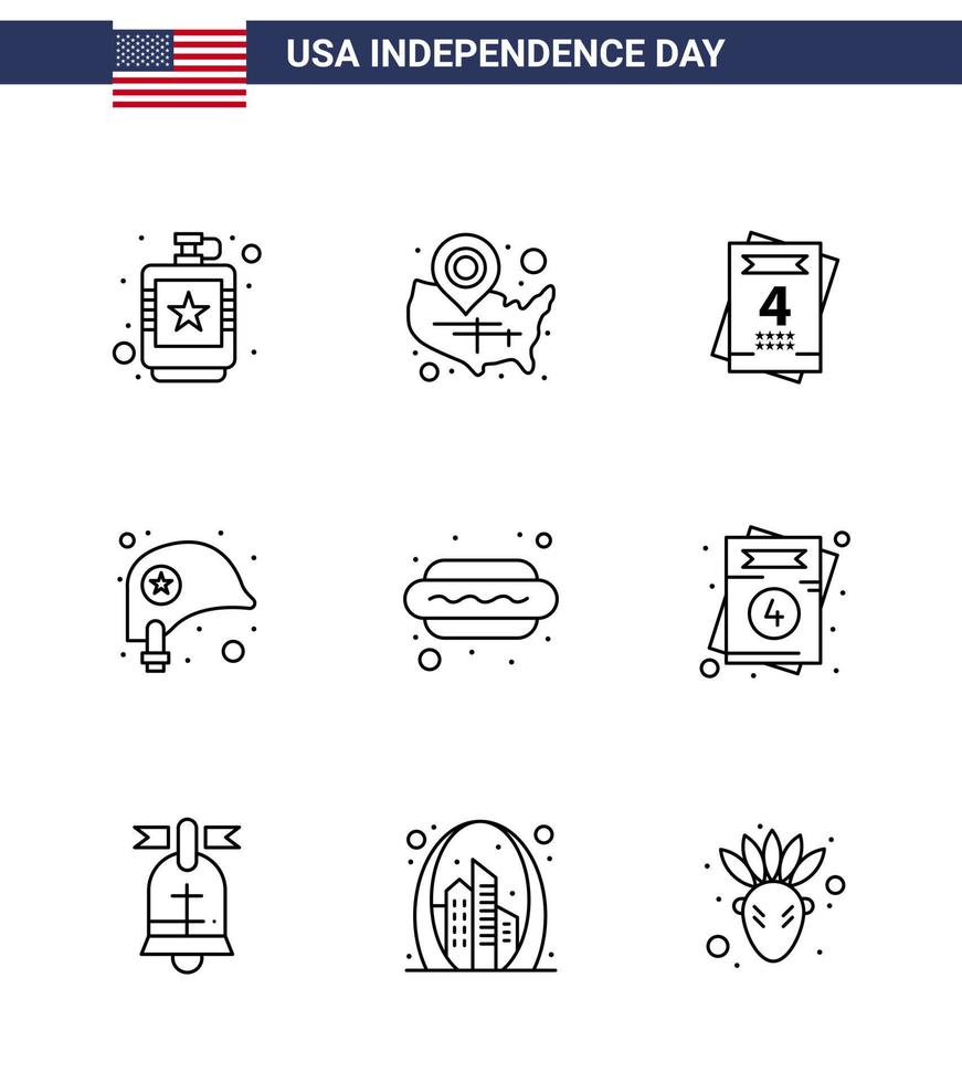 paquete de iconos de vector de stock de día americano 9 signos y símbolos de línea para protección de hot dog wisconsin casco boda elementos de diseño de vector de día de estados unidos editables