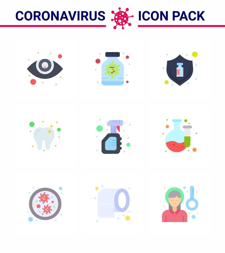 9 Flat Color Set of corona virus epidemic icons such as spray cleaning protection tooth care viral coronavirus 2019nov disease Vector Design Elements