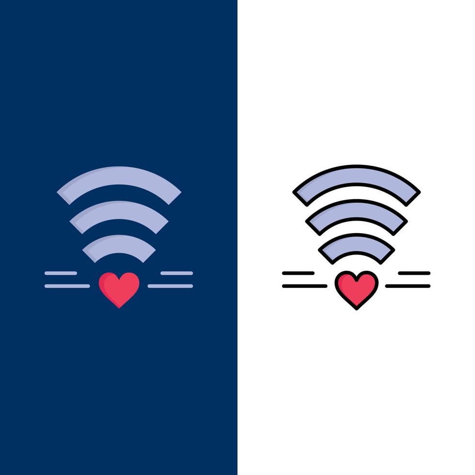 wifi amor boda corazón iconos plano y línea llena conjunto de iconos vector fondo azul